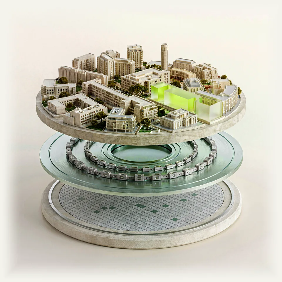 An exploded miniature world with separate environment, mechanism and state layers.