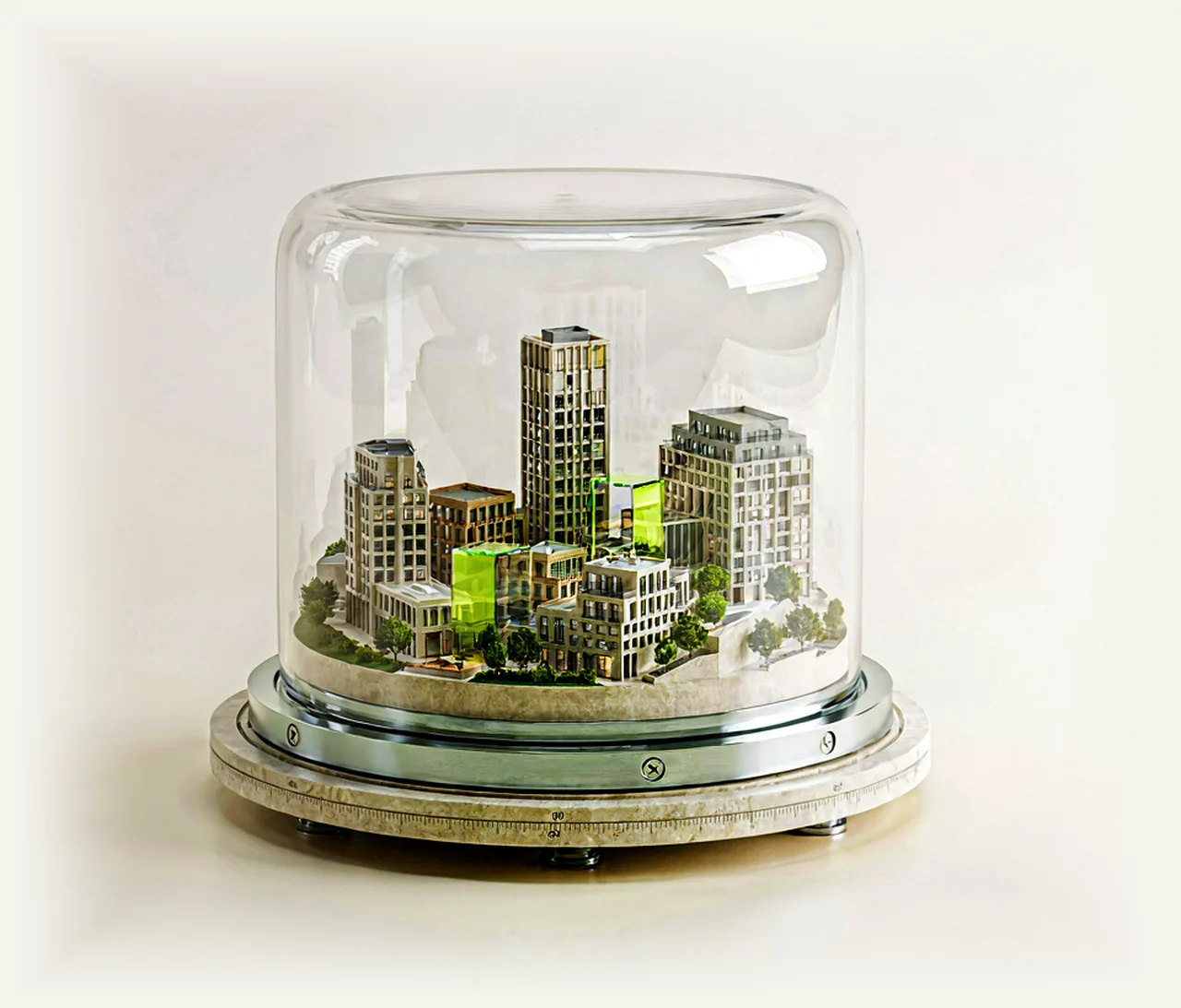 A miniature city inside a transparent enclosure: a bounded world where an AI agent can be tested.